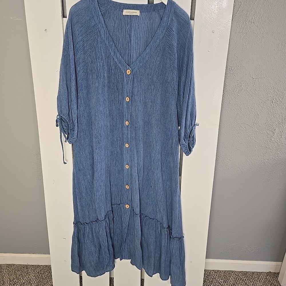 Saints & Hearts‎ Midi Dress Puff Sleeve Blue Button Front Medium Prairie Cottage